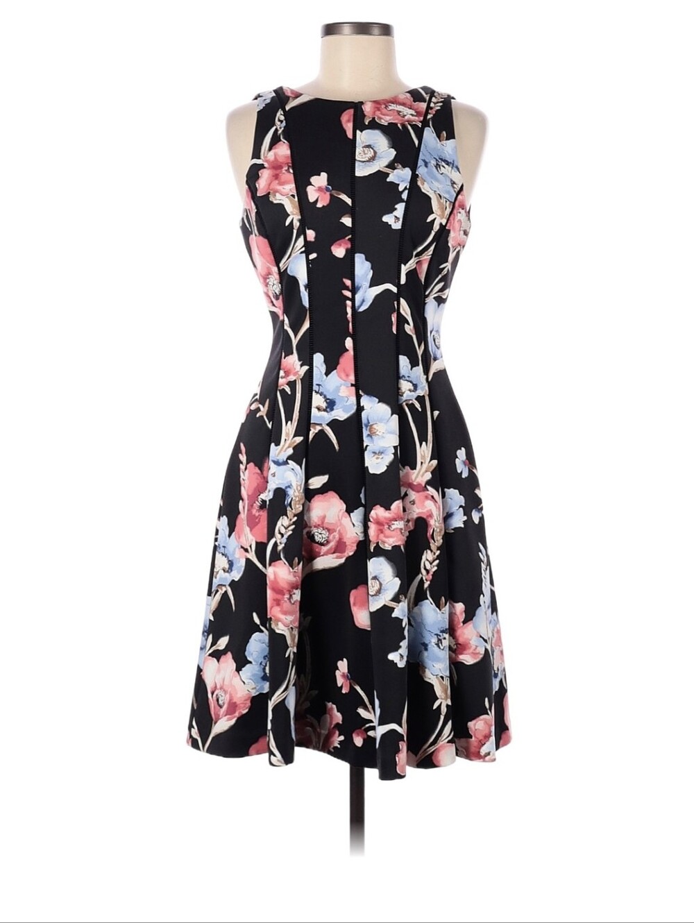 Sleeveless Floral Fit-and-Flare Midi Dress in Black with Pink & Blue Blossoms - Picture 1 of 2